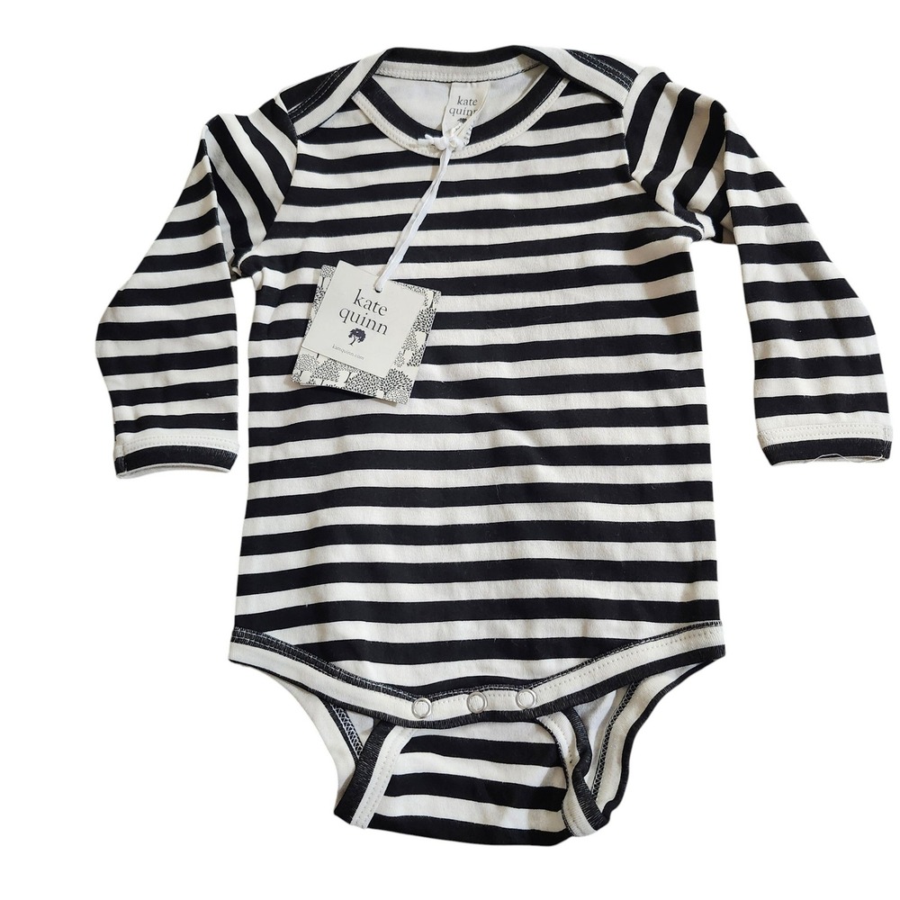 NEW Kate Quinn Long Sleeve Lap Neck Bodysuit Black Stripe Organic Cotton 6-12M